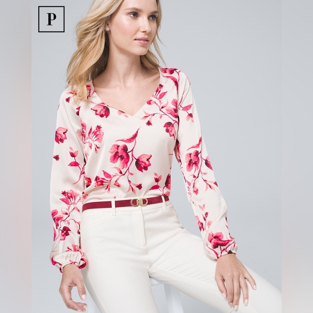 White House Black Market Floral Blouse in Cream and Red, pink.   Small
